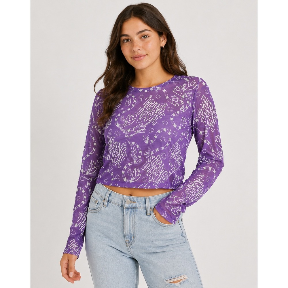 Beetlejuice Strange and Unusual Purple Mesh Long Sleeve Crop Top Sandworm Small